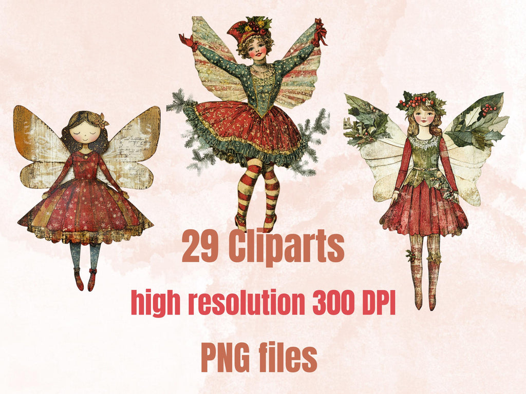 Christmas Fairy Doll Mixed Media Clipart, Whimsy Fairy Girl Fussy Cut Collage Sheet, Quirky Cut Out Ephemera, PNG + JPG for Scrapbooking