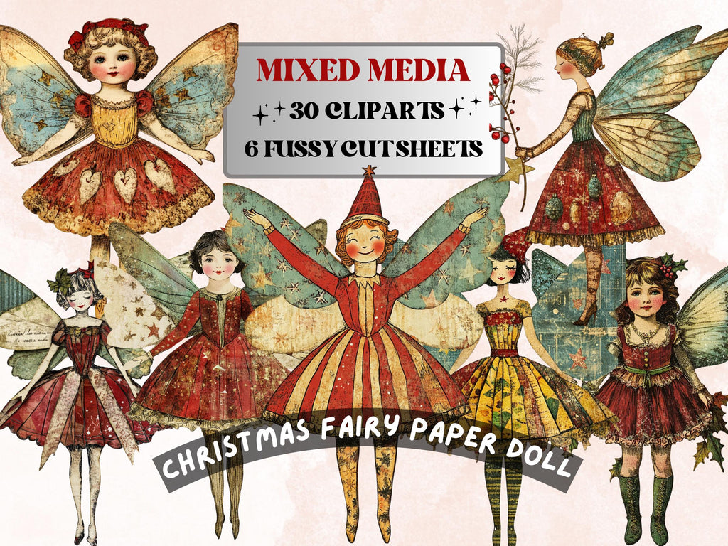 Christmas Fairy Doll Mixed Media Clipart, Whimsy Fairy Girl Fussy Cut Collage Sheet, Quirky Cut Out Ephemera, PNG + JPG for Scrapbooking