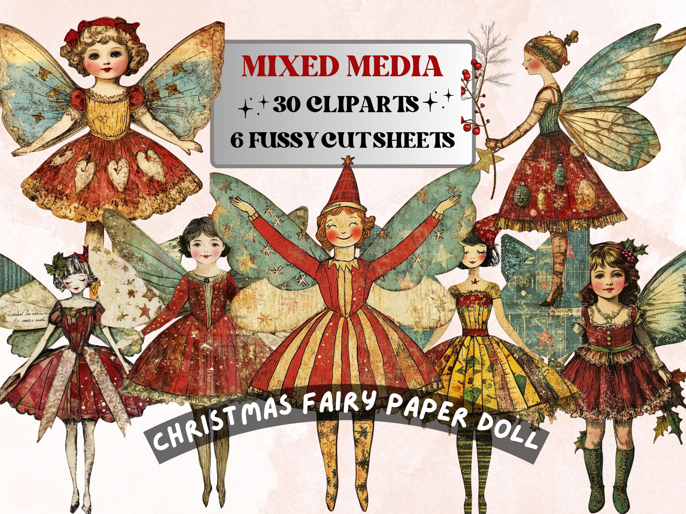 Christmas Fairy Doll Mixed Media Clipart, Whimsy Fairy Girl Fussy Cut Collage Sheet, Quirky Cut Out Ephemera, PNG + JPG for Scrapbooking