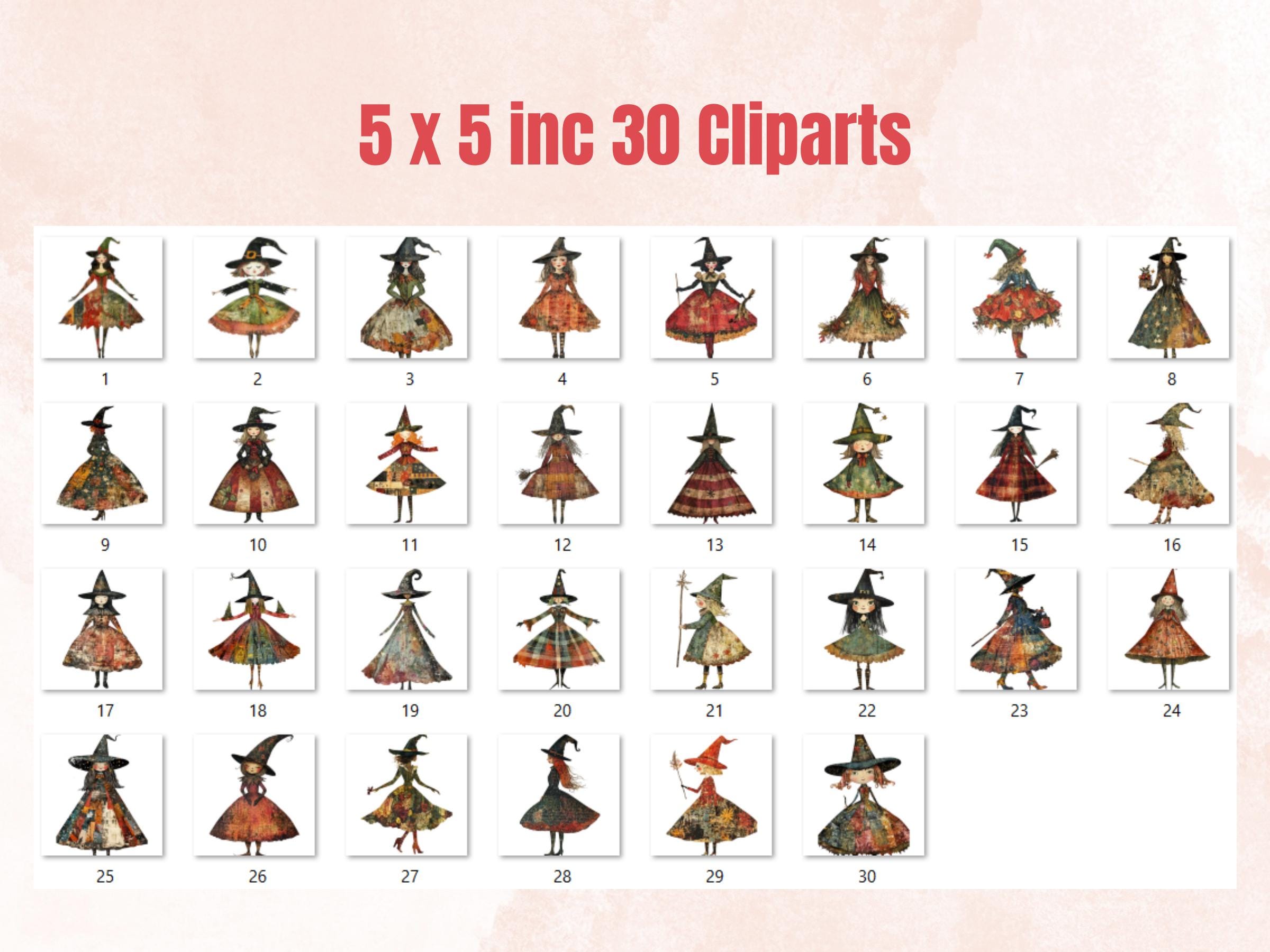 Christmas Witch Doll Mixed Media Clipart, Whimsy Witch Fussy Cut Collage Sheet, Quirky Xmas Cut Out Ephemera, PNG + JPG for Scrapbooking