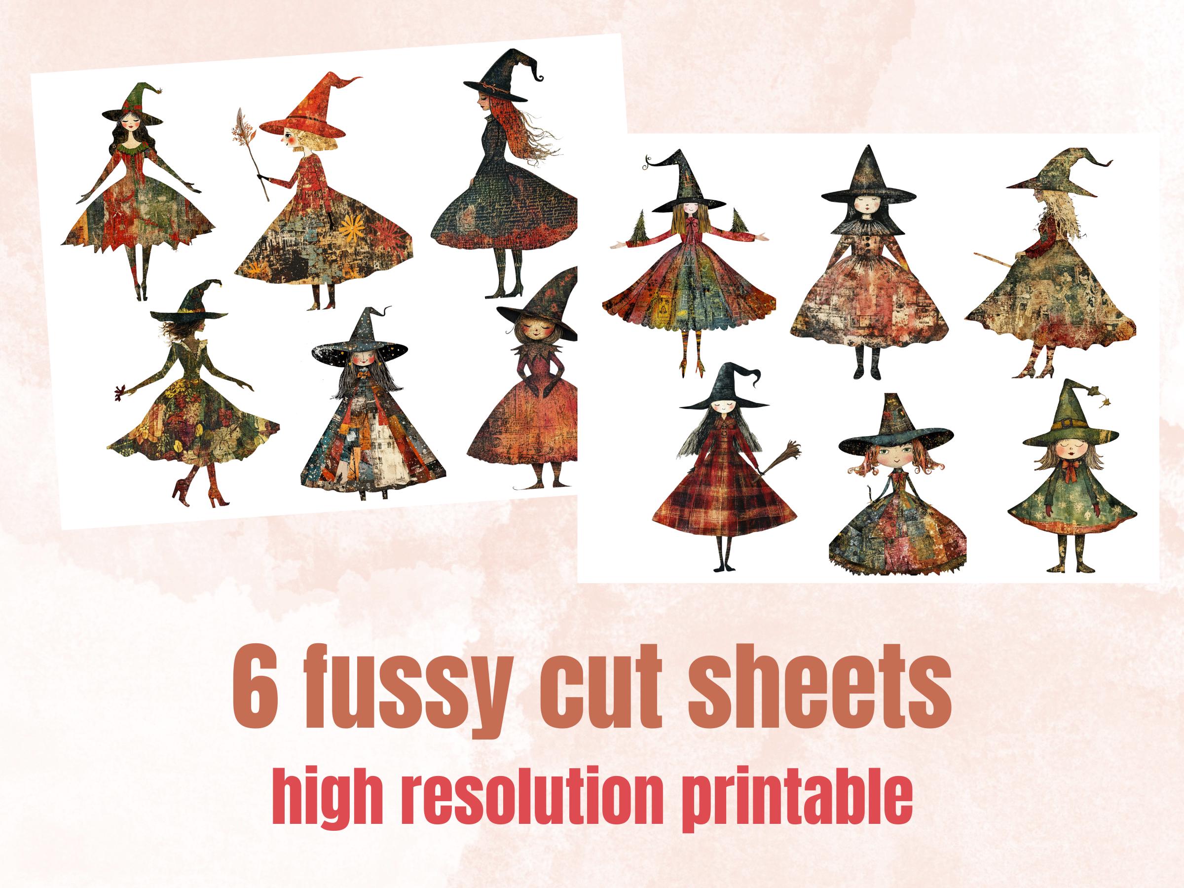 Christmas Witch Doll Mixed Media Clipart, Whimsy Witch Fussy Cut Collage Sheet, Quirky Xmas Cut Out Ephemera, PNG + JPG for Scrapbooking