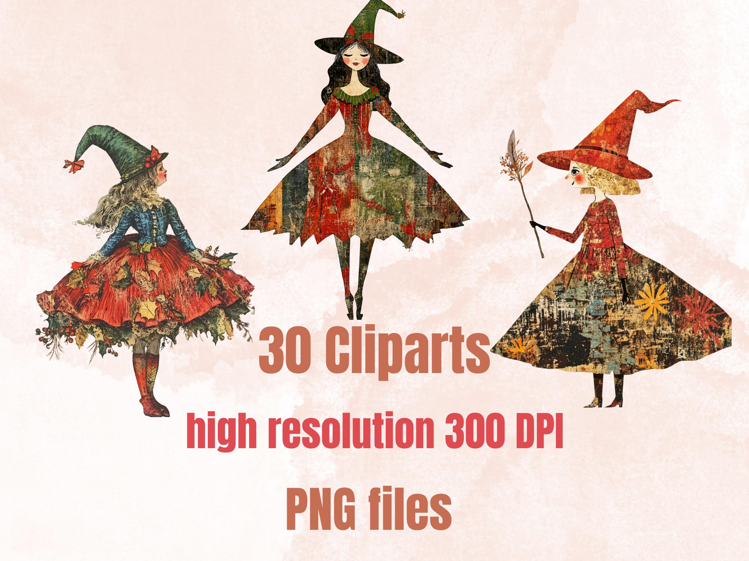 Christmas Witch Doll Mixed Media Clipart, Whimsy Witch Fussy Cut Collage Sheet, Quirky Xmas Cut Out Ephemera, PNG + JPG for Scrapbooking