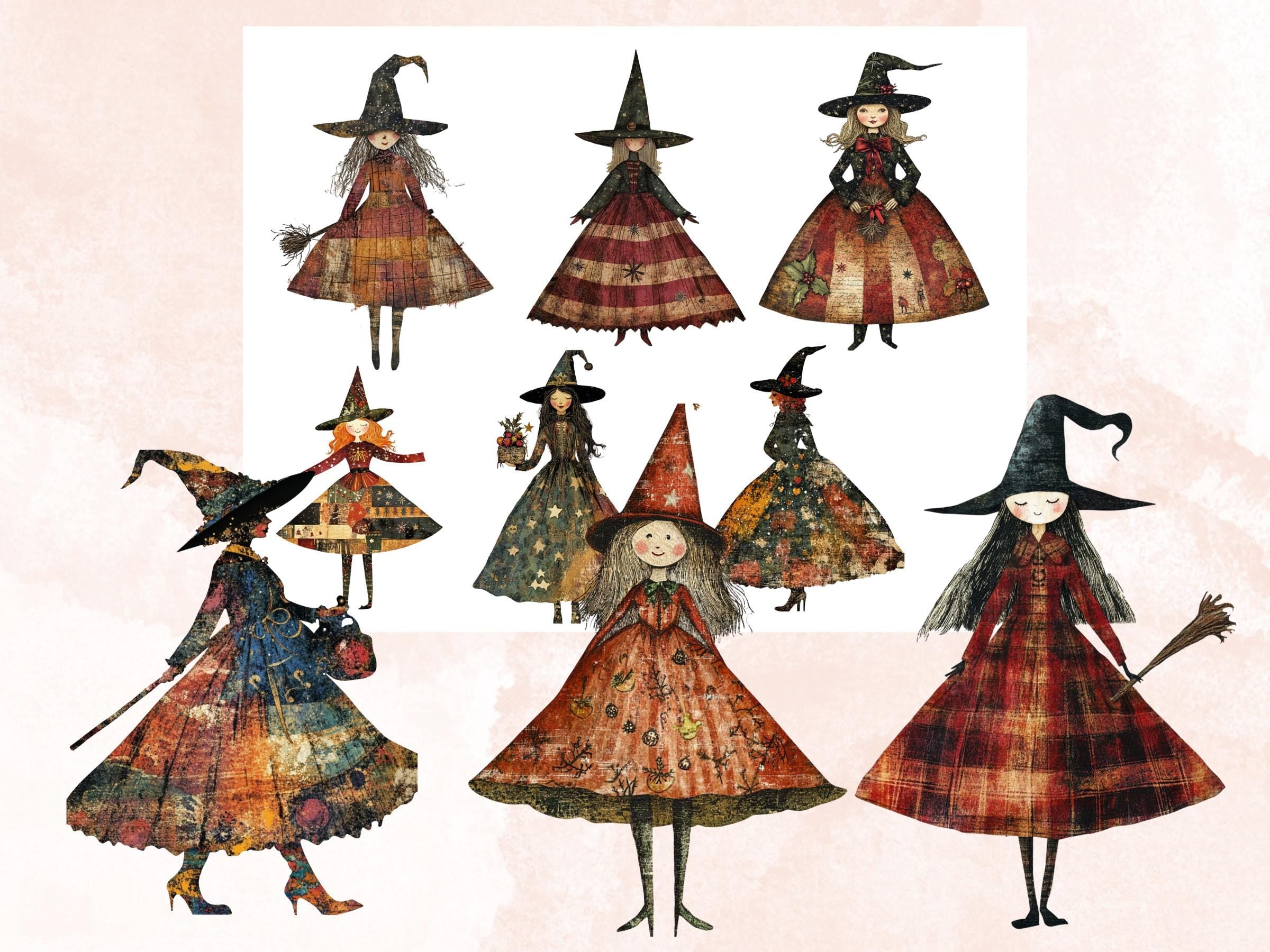 Christmas Witch Doll Mixed Media Clipart, Whimsy Witch Fussy Cut Collage Sheet, Quirky Xmas Cut Out Ephemera, PNG + JPG for Scrapbooking