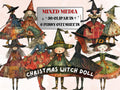 Christmas Witch Doll Mixed Media Clipart, Whimsy Witch Fussy Cut Collage Sheet, Quirky Xmas Cut Out Ephemera, PNG + JPG for Scrapbooking