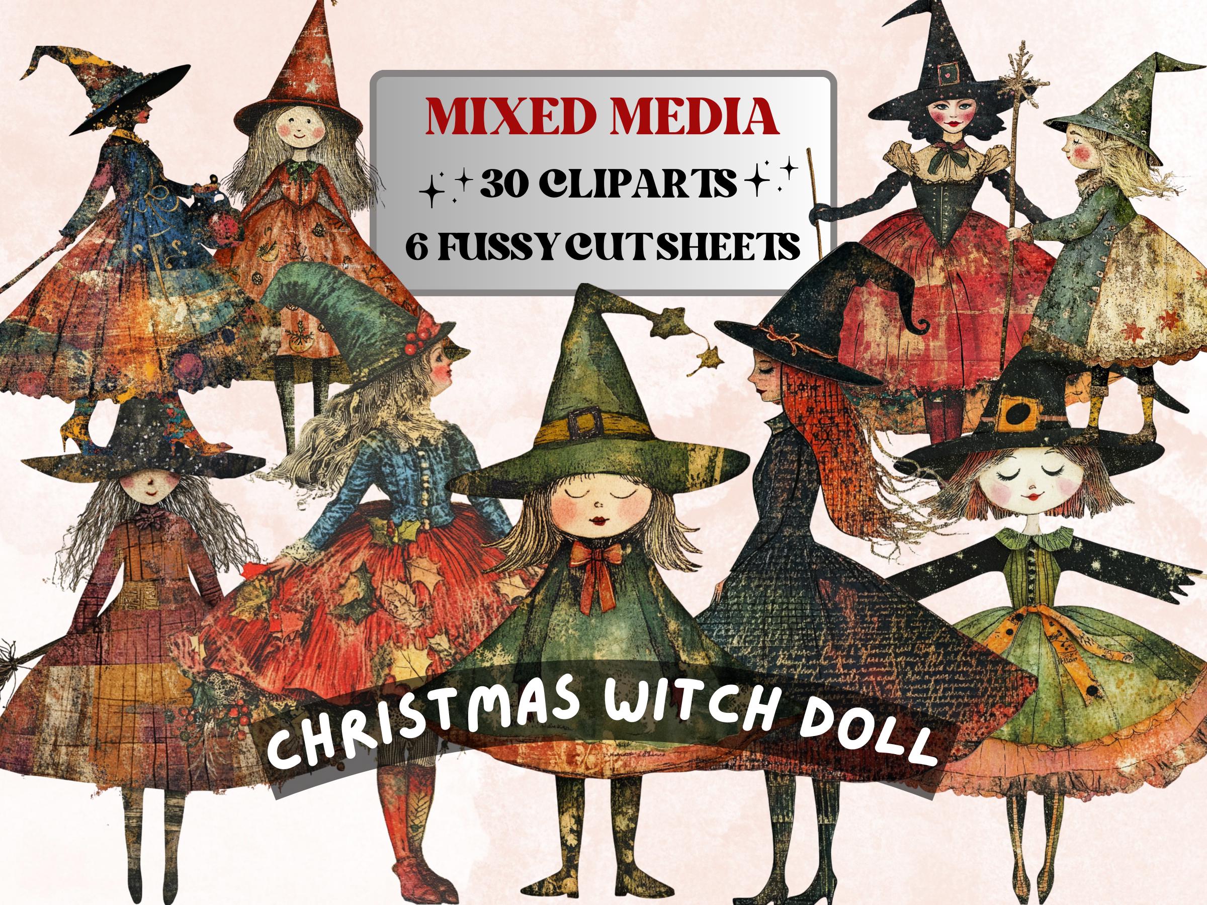 Christmas Witch Doll Mixed Media Clipart, Whimsy Witch Fussy Cut Collage Sheet, Quirky Xmas Cut Out Ephemera, PNG + JPG for Scrapbooking
