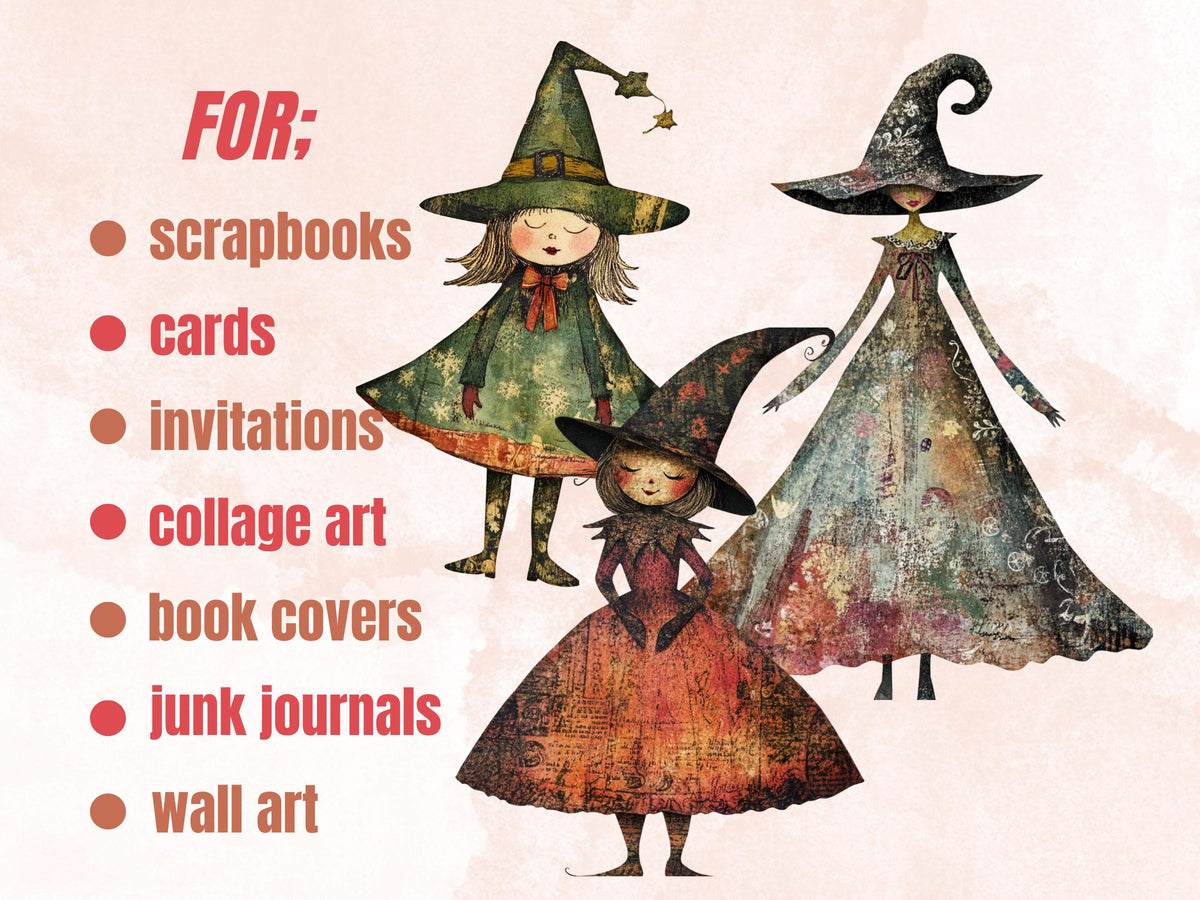 Christmas Witch Doll Mixed Media Clipart, Whimsy Witch Fussy Cut Collage Sheet, Quirky Xmas Cut Out Ephemera, PNG + JPG for Scrapbooking
