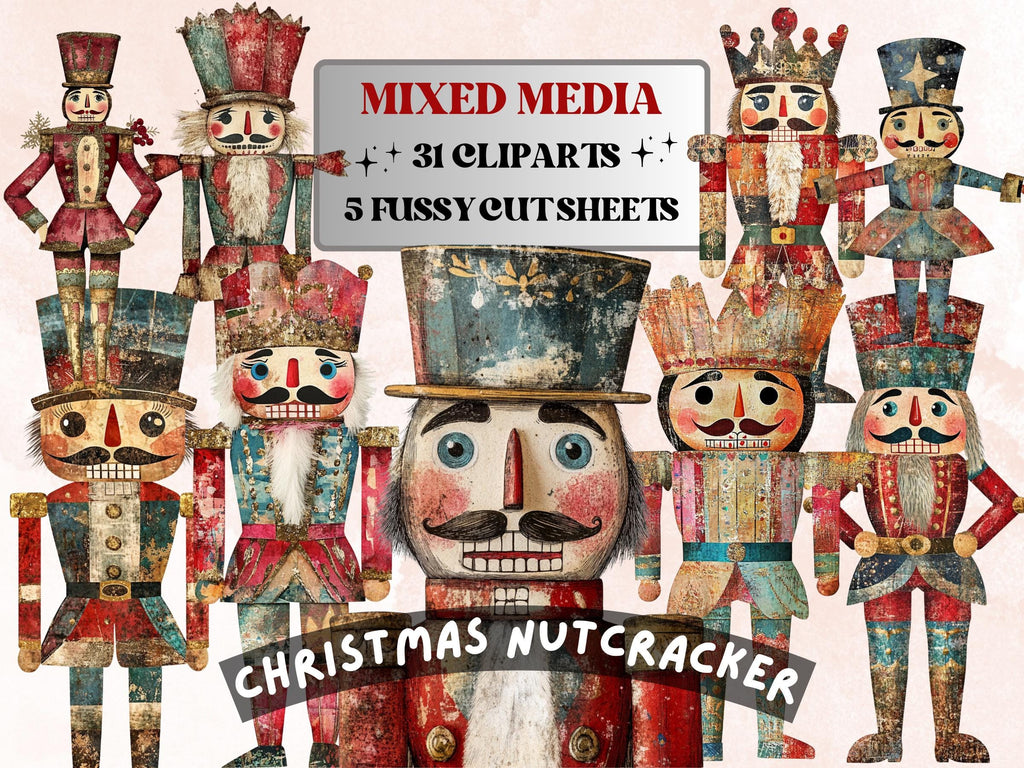 Christmas Nutcracker Mixed Media Clipart, Whimsy Nutcracker Fussy Cut Collage Sheet, Quirky Cut Out Ephemera, PNG + JPG for Scrapbooking