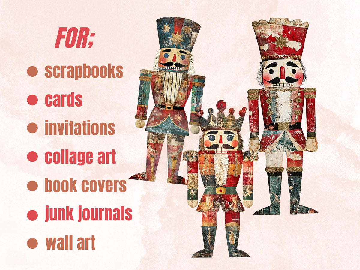 Christmas Nutcracker Mixed Media Clipart, Whimsy Nutcracker Fussy Cut Collage Sheet, Quirky Cut Out Ephemera, PNG + JPG for Scrapbooking