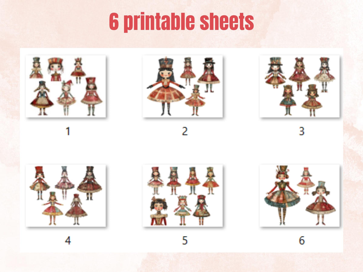 Christmas Nutcracker Doll Mixed Media Clipart, Whimsy Nutcracker Girl Fussy Cut Sheet, Quirky Cut Out Ephemera, PNG + JPG for Scrapbooking
