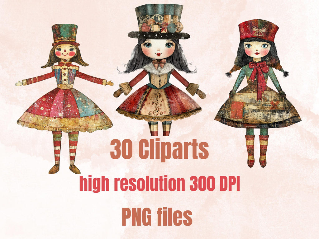Christmas Nutcracker Doll Mixed Media Clipart, Whimsy Nutcracker Girl Fussy Cut Sheet, Quirky Cut Out Ephemera, PNG + JPG for Scrapbooking