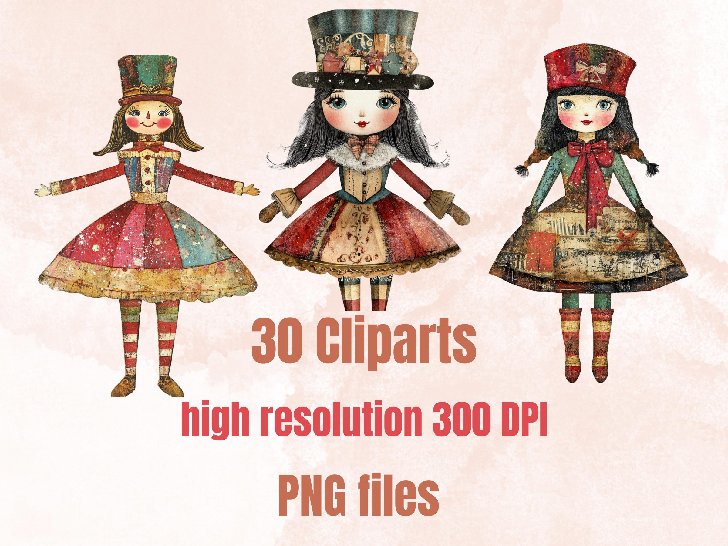Christmas Nutcracker Doll Mixed Media Clipart, Whimsy Nutcracker Girl Fussy Cut Sheet, Quirky Cut Out Ephemera, PNG + JPG for Scrapbooking