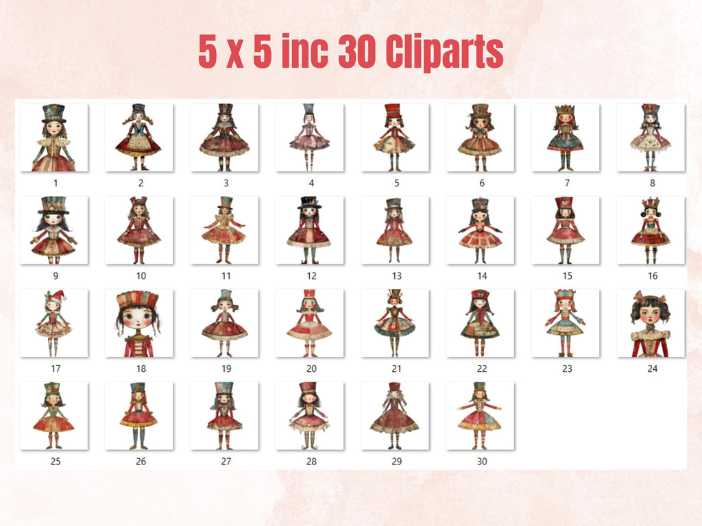 Christmas Nutcracker Doll Mixed Media Clipart, Whimsy Nutcracker Girl Fussy Cut Sheet, Quirky Cut Out Ephemera, PNG + JPG for Scrapbooking