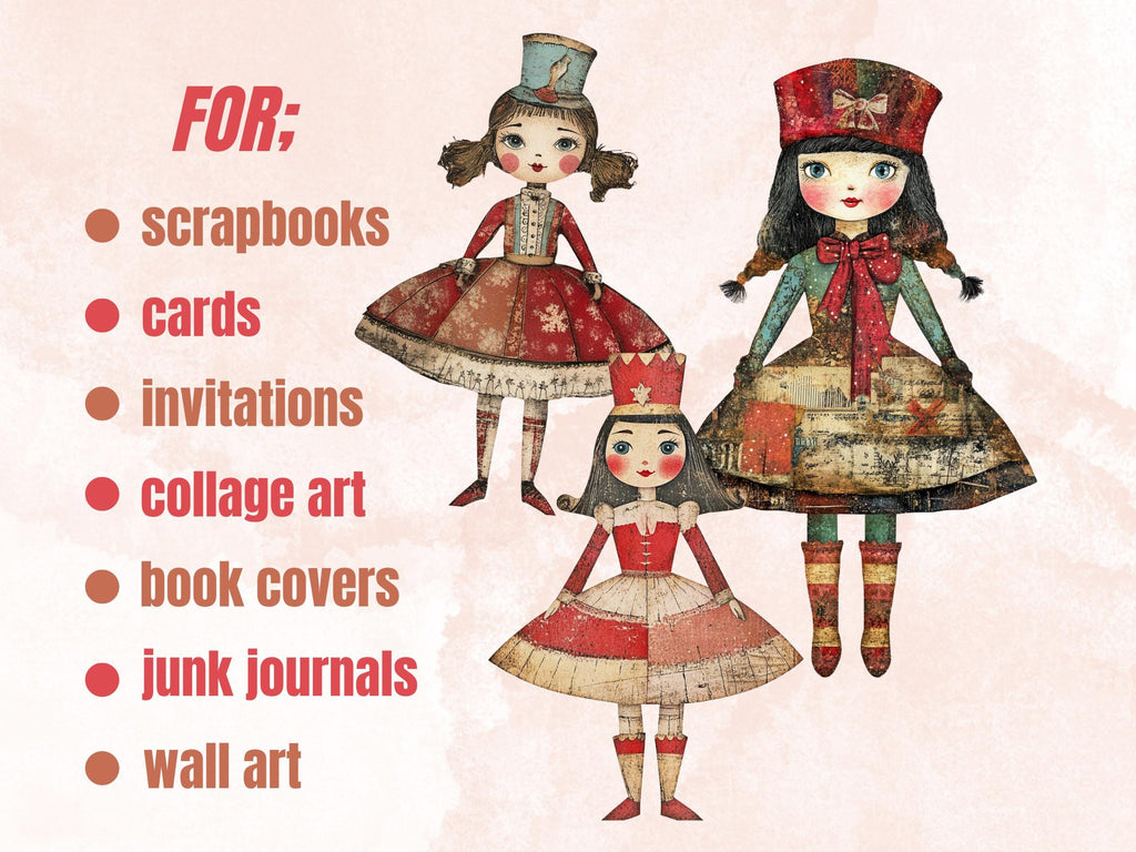 Christmas Nutcracker Doll Mixed Media Clipart, Whimsy Nutcracker Girl Fussy Cut Sheet, Quirky Cut Out Ephemera, PNG + JPG for Scrapbooking