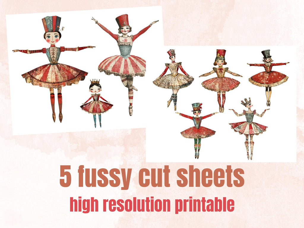 Nutcracker Ballerina Mixed Media Clipart, Whimsy Nutcracker Girl Fussy Cut Sheet, Quirky Xmas Cut Out Ephemera, PNG + JPG for Scrapbooking