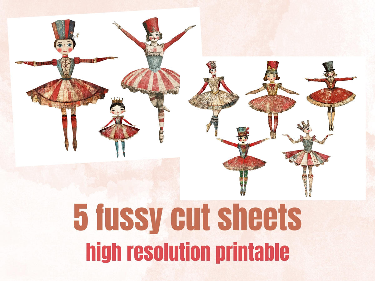 Nutcracker Ballerina Mixed Media Clipart, Whimsy Nutcracker Girl Fussy Cut Sheet, Quirky Xmas Cut Out Ephemera, PNG + JPG for Scrapbooking