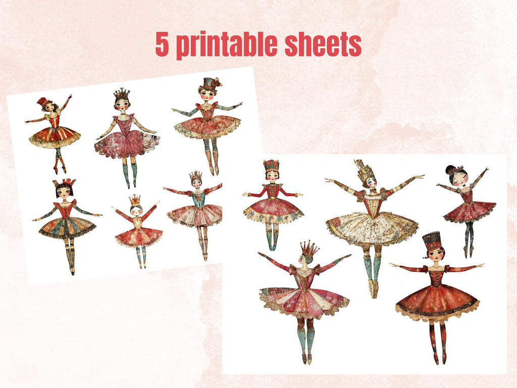 Nutcracker Ballerina Mixed Media Clipart, Whimsy Nutcracker Girl Fussy Cut Sheet, Quirky Xmas Cut Out Ephemera, PNG + JPG for Scrapbooking