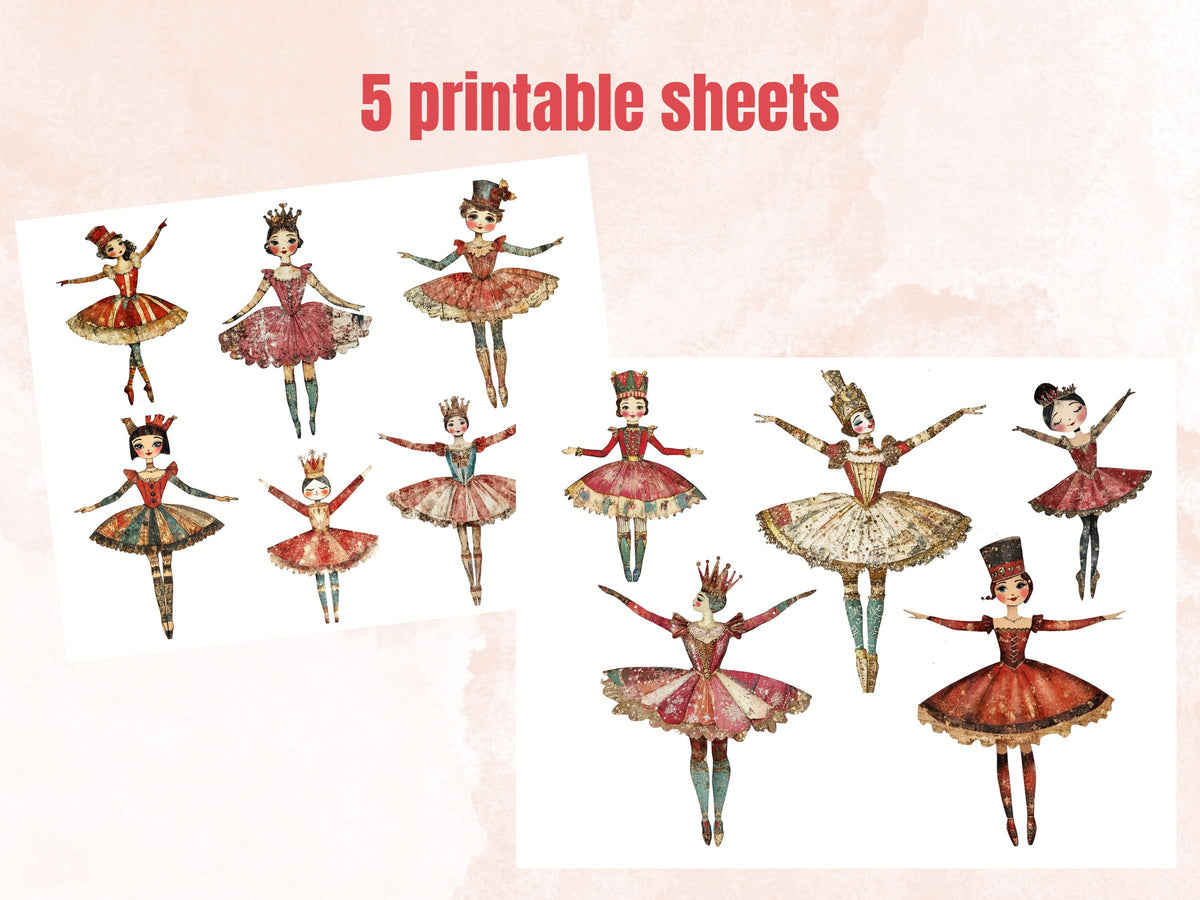 Nutcracker Ballerina Mixed Media Clipart, Whimsy Nutcracker Girl Fussy Cut Sheet, Quirky Xmas Cut Out Ephemera, PNG + JPG for Scrapbooking