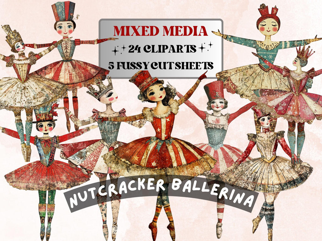 Nutcracker Ballerina Mixed Media Clipart, Whimsy Nutcracker Girl Fussy Cut Sheet, Quirky Xmas Cut Out Ephemera, PNG + JPG for Scrapbooking