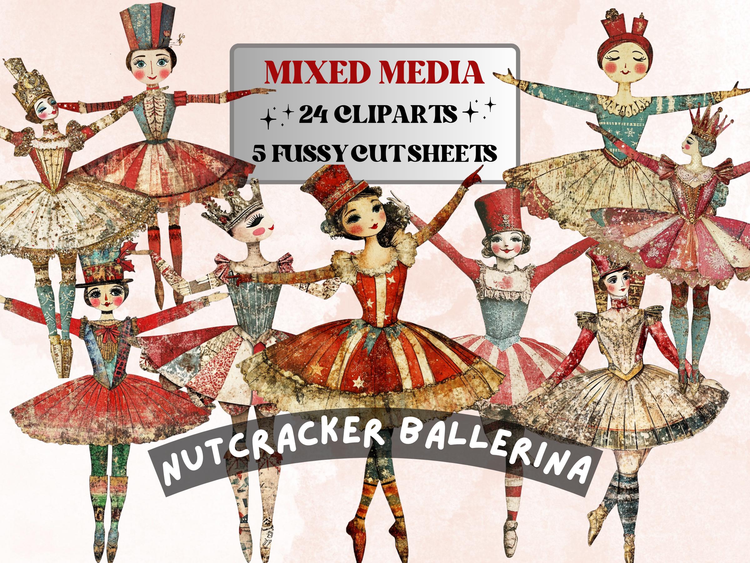 Nutcracker Ballerina Mixed Media Clipart, Whimsy Nutcracker Girl Fussy Cut Sheet, Quirky Xmas Cut Out Ephemera, PNG + JPG for Scrapbooking