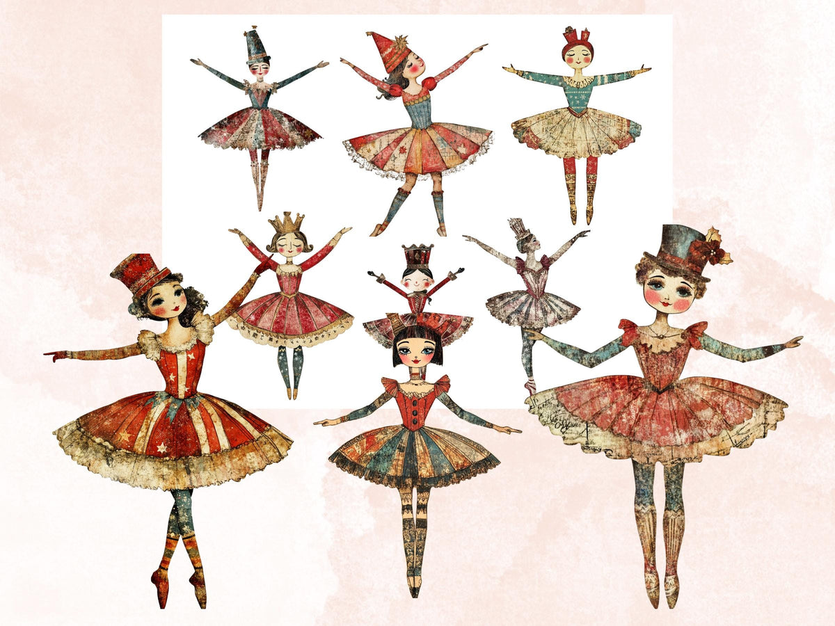 Nutcracker Ballerina Mixed Media Clipart, Whimsy Nutcracker Girl Fussy Cut Sheet, Quirky Xmas Cut Out Ephemera, PNG + JPG for Scrapbooking