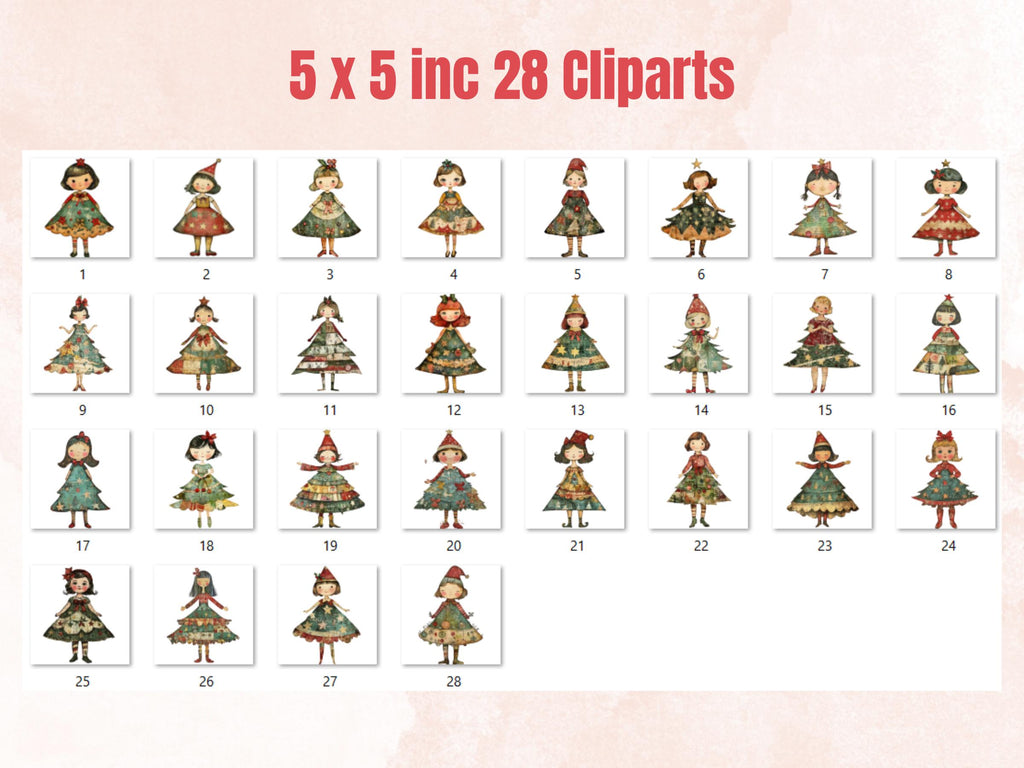 Christmas Tree Doll Mixed Media Clipart, Whimsy Xmas Tree Girl Fussy Cut Collage Sheet, Quirky Cut Out Ephemera, PNG + JPG for Scrapbooking