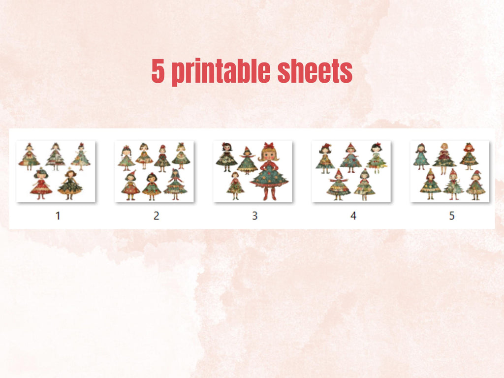 Christmas Tree Doll Mixed Media Clipart, Whimsy Xmas Tree Girl Fussy Cut Collage Sheet, Quirky Cut Out Ephemera, PNG + JPG for Scrapbooking