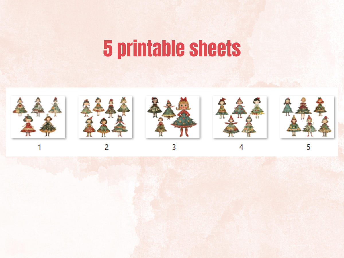 Christmas Tree Doll Mixed Media Clipart, Whimsy Xmas Tree Girl Fussy Cut Collage Sheet, Quirky Cut Out Ephemera, PNG + JPG for Scrapbooking
