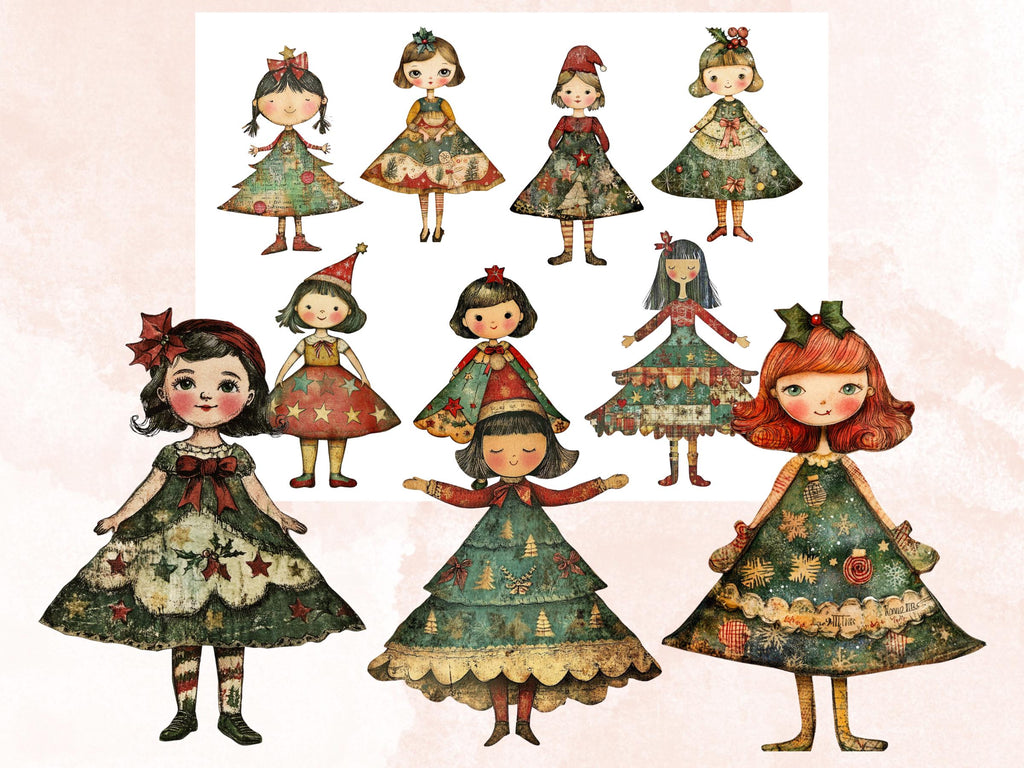 Christmas Tree Doll Mixed Media Clipart, Whimsy Xmas Tree Girl Fussy Cut Collage Sheet, Quirky Cut Out Ephemera, PNG + JPG for Scrapbooking