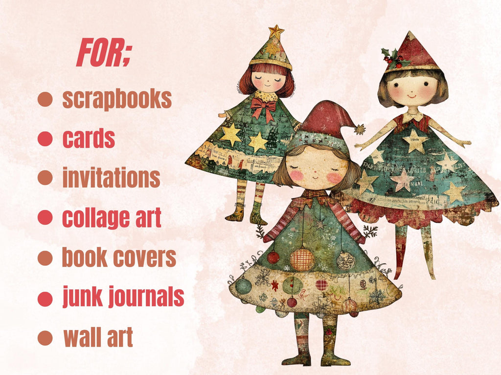 Christmas Tree Doll Mixed Media Clipart, Whimsy Xmas Tree Girl Fussy Cut Collage Sheet, Quirky Cut Out Ephemera, PNG + JPG for Scrapbooking