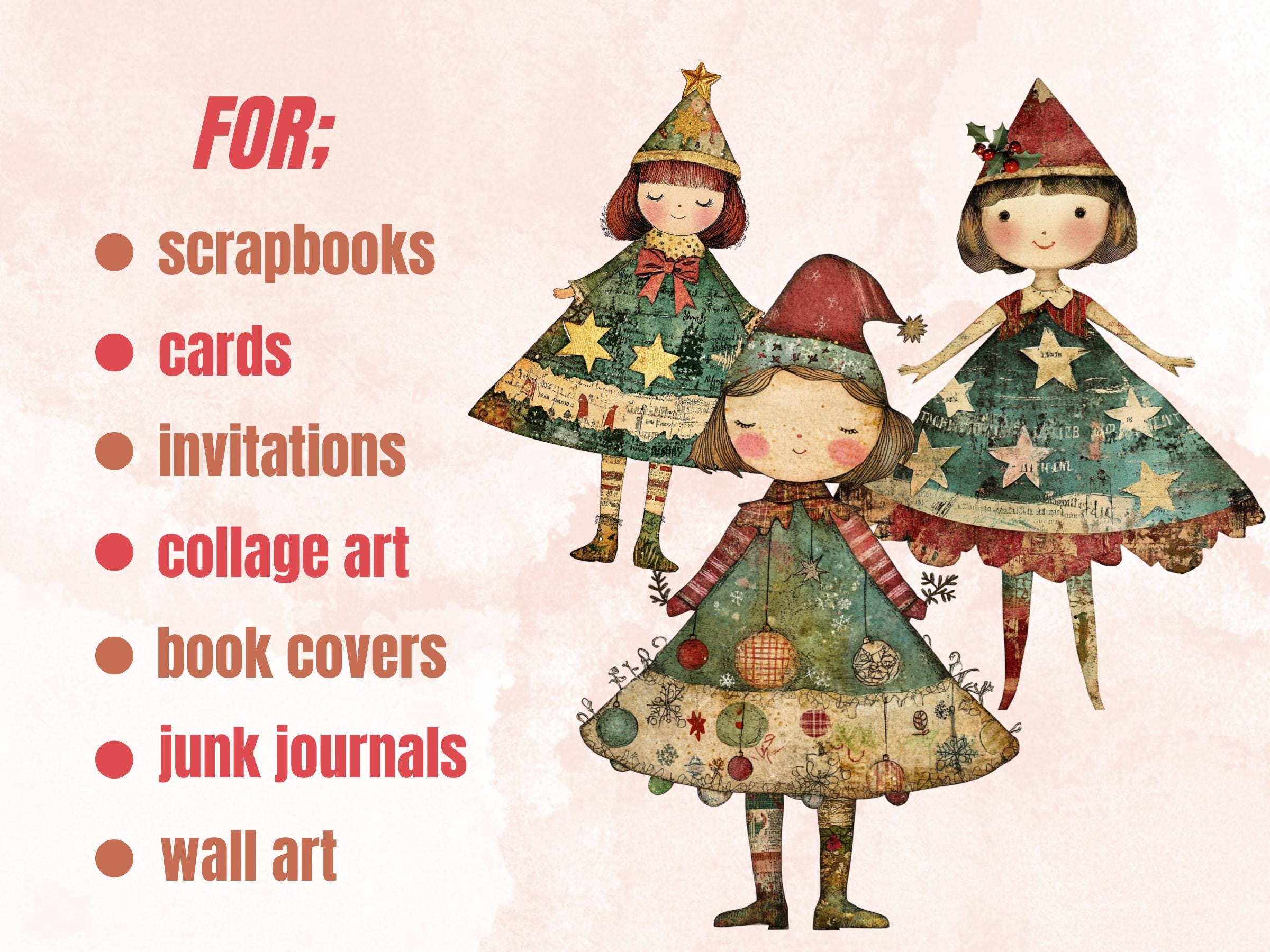 Christmas Tree Doll Mixed Media Clipart, Whimsy Xmas Tree Girl Fussy Cut Collage Sheet, Quirky Cut Out Ephemera, PNG + JPG for Scrapbooking