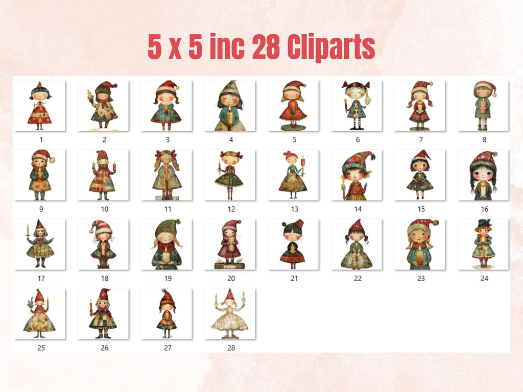 Christmas Candle Doll Mixed Media Clipart, Whimsy Xmas Girl Fussy Cut Collage Sheet, Quirky Cut Out Ephemera, PNG + JPG for Scrapbooking