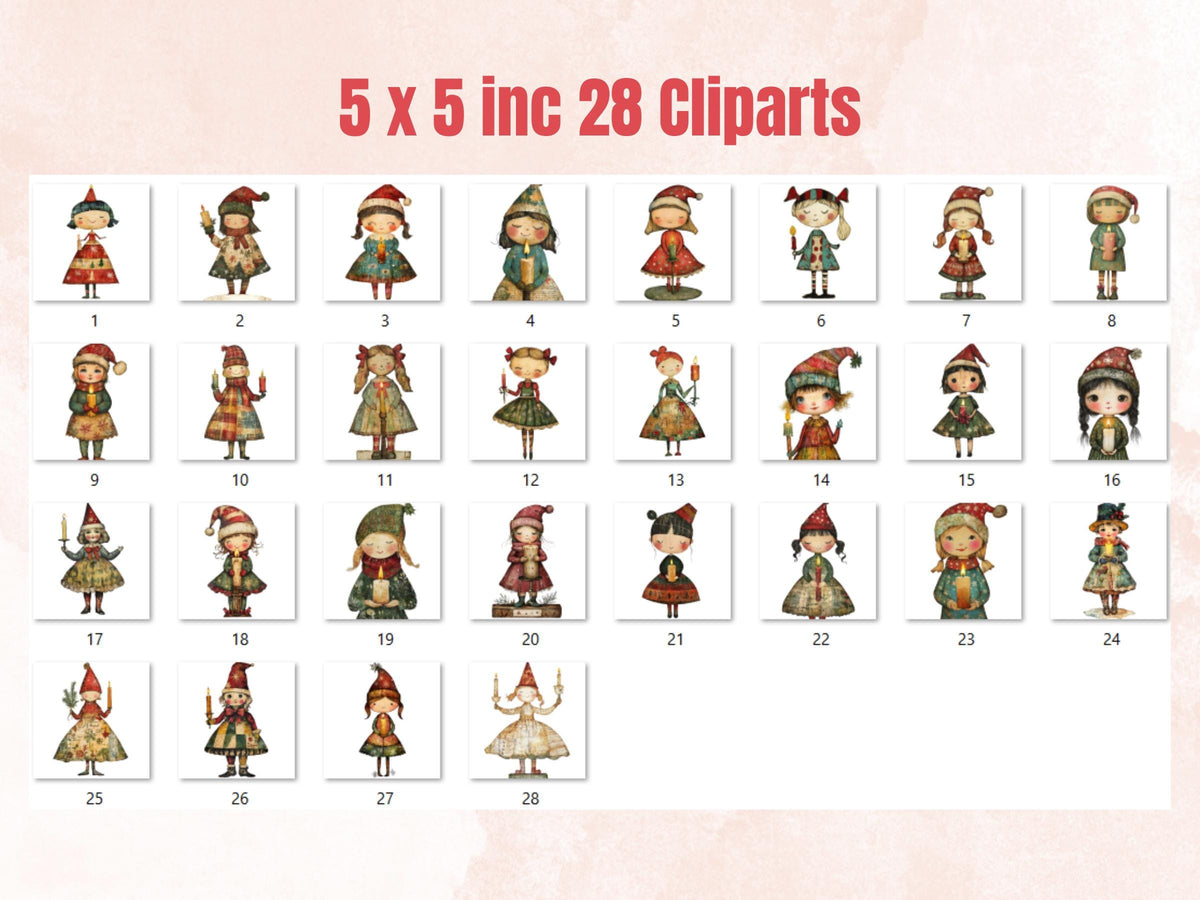 Christmas Candle Doll Mixed Media Clipart, Whimsy Xmas Girl Fussy Cut Collage Sheet, Quirky Cut Out Ephemera, PNG + JPG for Scrapbooking