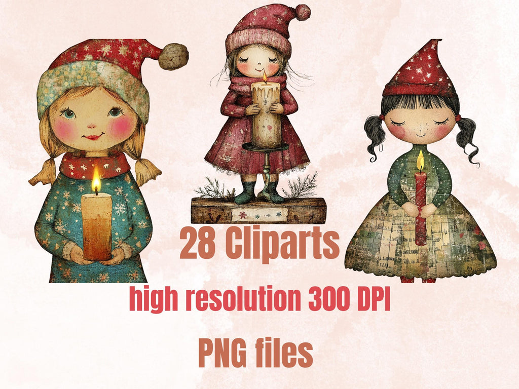 Christmas Candle Doll Mixed Media Clipart, Whimsy Xmas Girl Fussy Cut Collage Sheet, Quirky Cut Out Ephemera, PNG + JPG for Scrapbooking