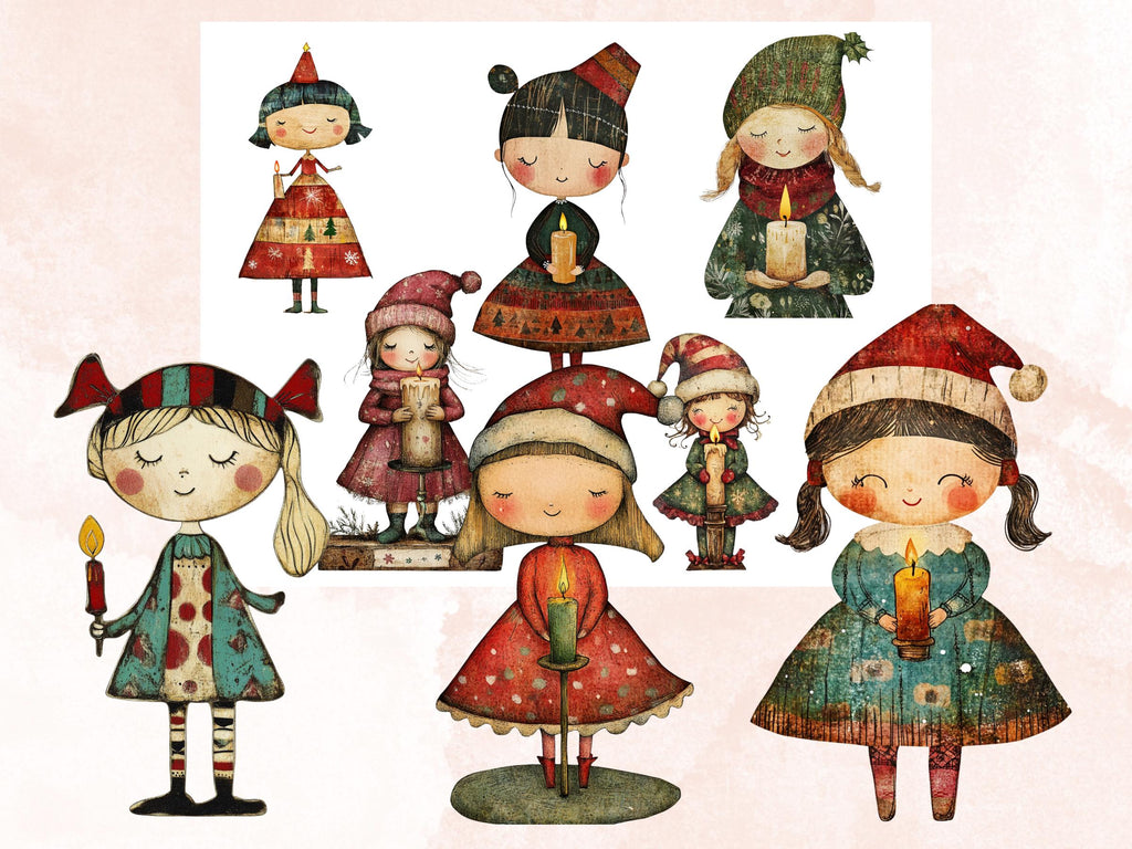 Christmas Candle Doll Mixed Media Clipart, Whimsy Xmas Girl Fussy Cut Collage Sheet, Quirky Cut Out Ephemera, PNG + JPG for Scrapbooking