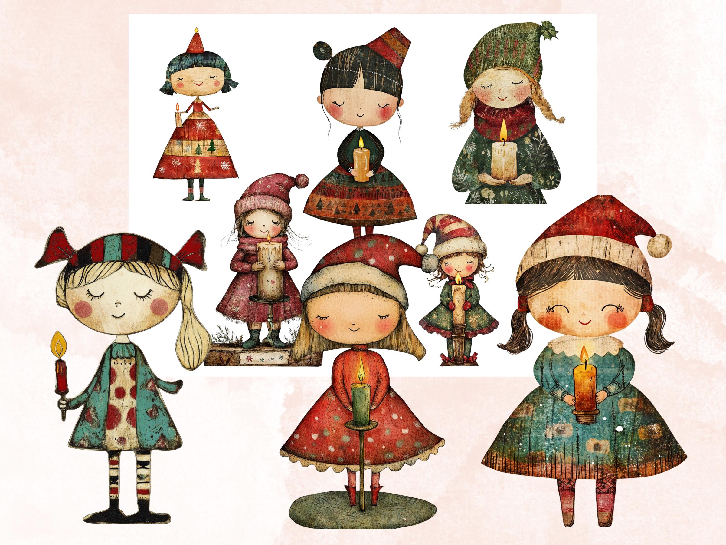 Christmas Candle Doll Mixed Media Clipart, Whimsy Xmas Girl Fussy Cut Collage Sheet, Quirky Cut Out Ephemera, PNG + JPG for Scrapbooking
