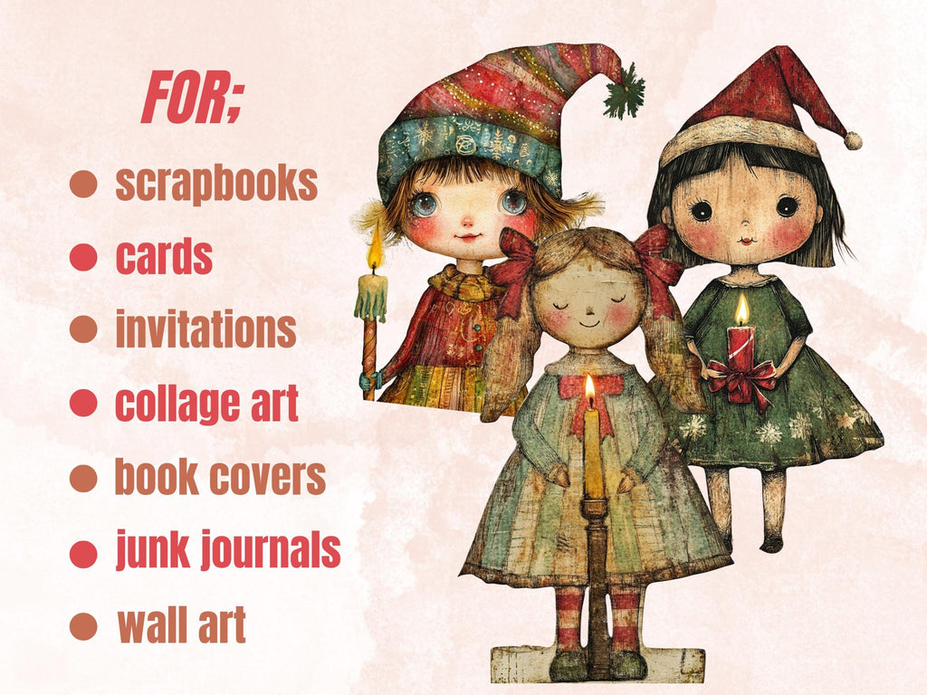 Christmas Candle Doll Mixed Media Clipart, Whimsy Xmas Girl Fussy Cut Collage Sheet, Quirky Cut Out Ephemera, PNG + JPG for Scrapbooking
