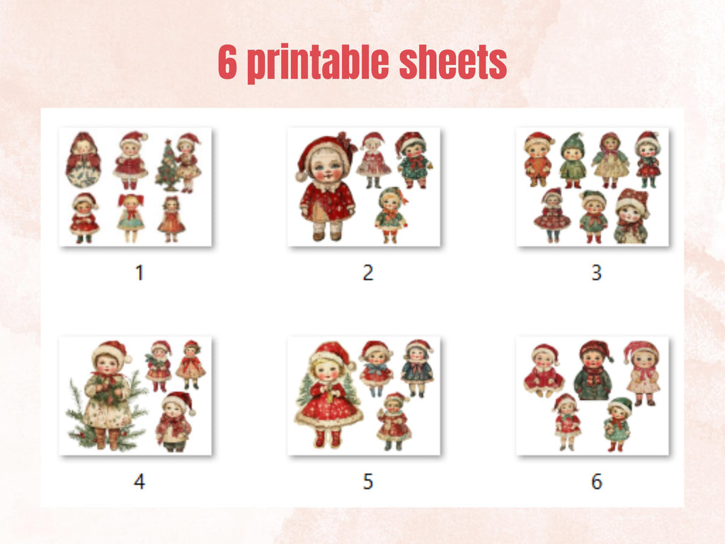 Christmas Baby Doll Mixed Media Clipart, Retro Xmas Babies Fussy Cut Collage Sheet, Quirky Cut Out Ephemera, PNG + JPG for Scrapbooking