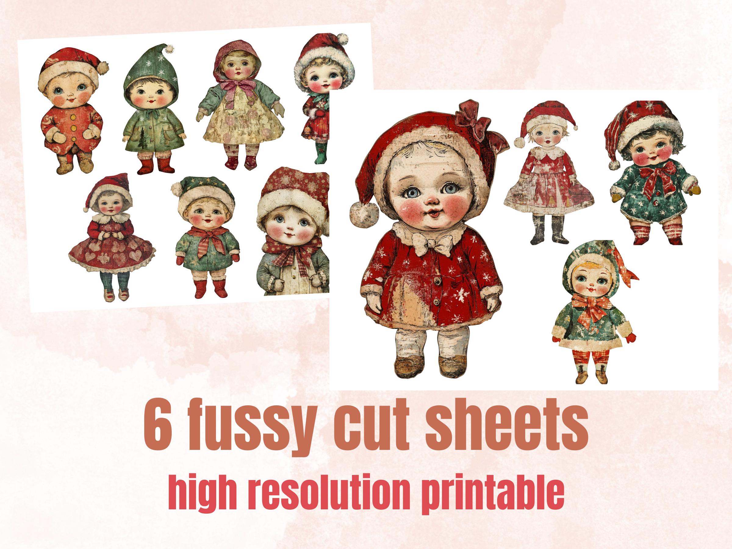 Christmas Baby Doll Mixed Media Clipart, Retro Xmas Babies Fussy Cut Collage Sheet, Quirky Cut Out Ephemera, PNG + JPG for Scrapbooking
