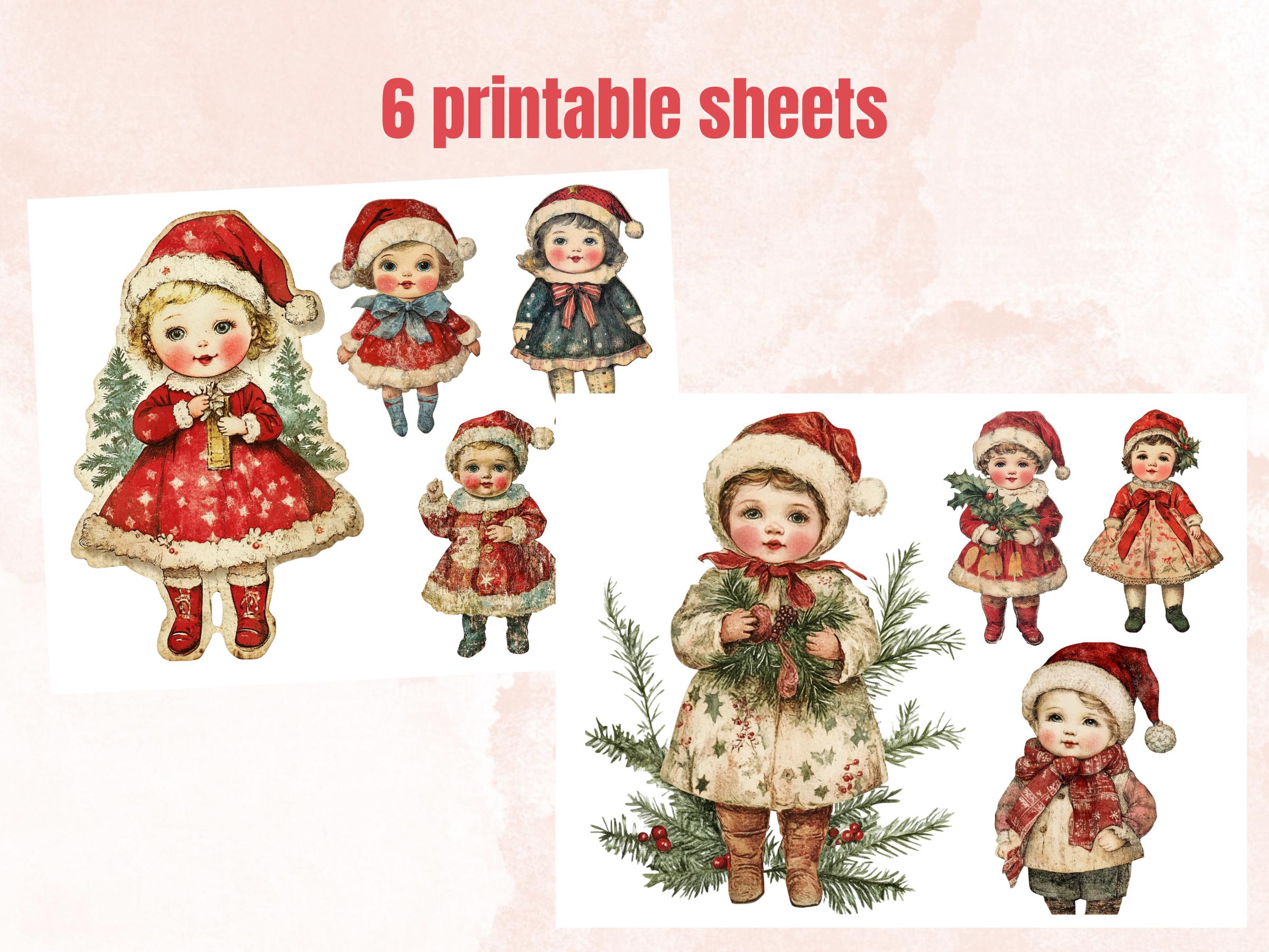Christmas Baby Doll Mixed Media Clipart, Retro Xmas Babies Fussy Cut Collage Sheet, Quirky Cut Out Ephemera, PNG + JPG for Scrapbooking