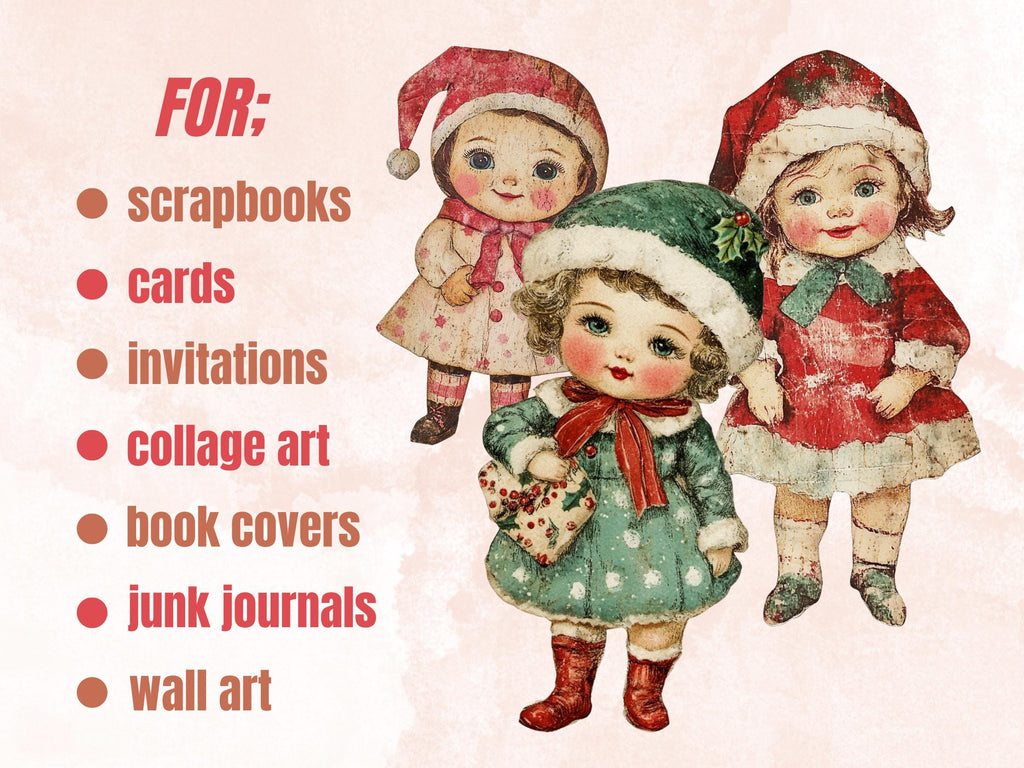 Christmas Baby Doll Mixed Media Clipart, Retro Xmas Babies Fussy Cut Collage Sheet, Quirky Cut Out Ephemera, PNG + JPG for Scrapbooking