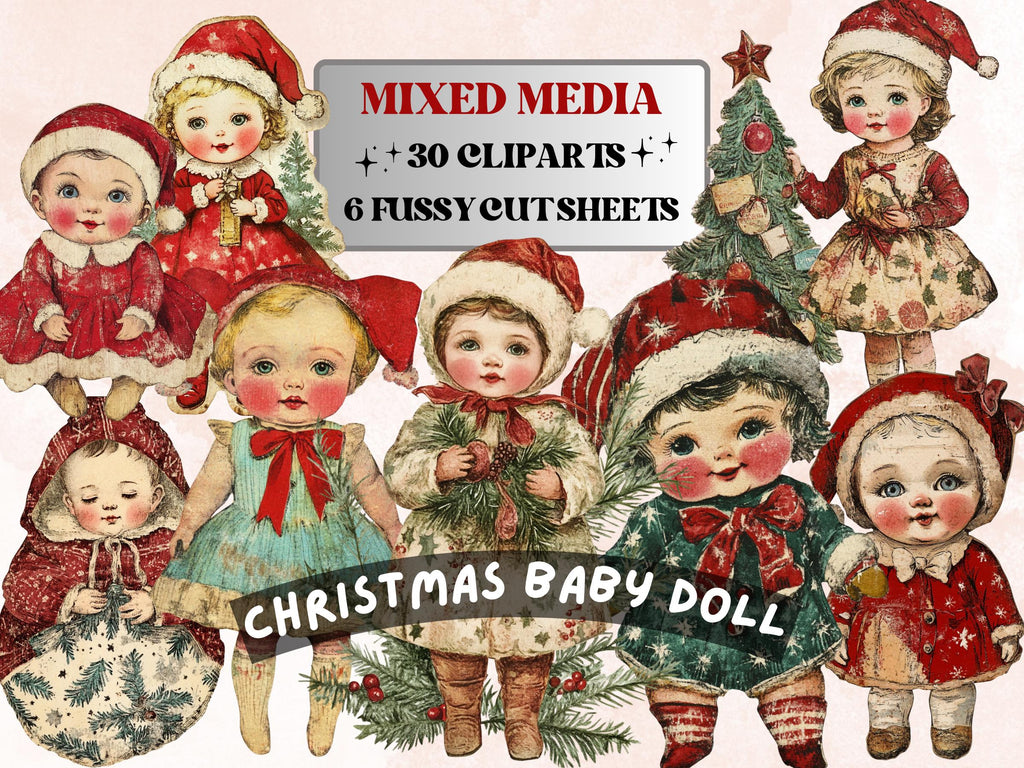 Christmas Baby Doll Mixed Media Clipart, Retro Xmas Babies Fussy Cut Collage Sheet, Quirky Cut Out Ephemera, PNG + JPG for Scrapbooking