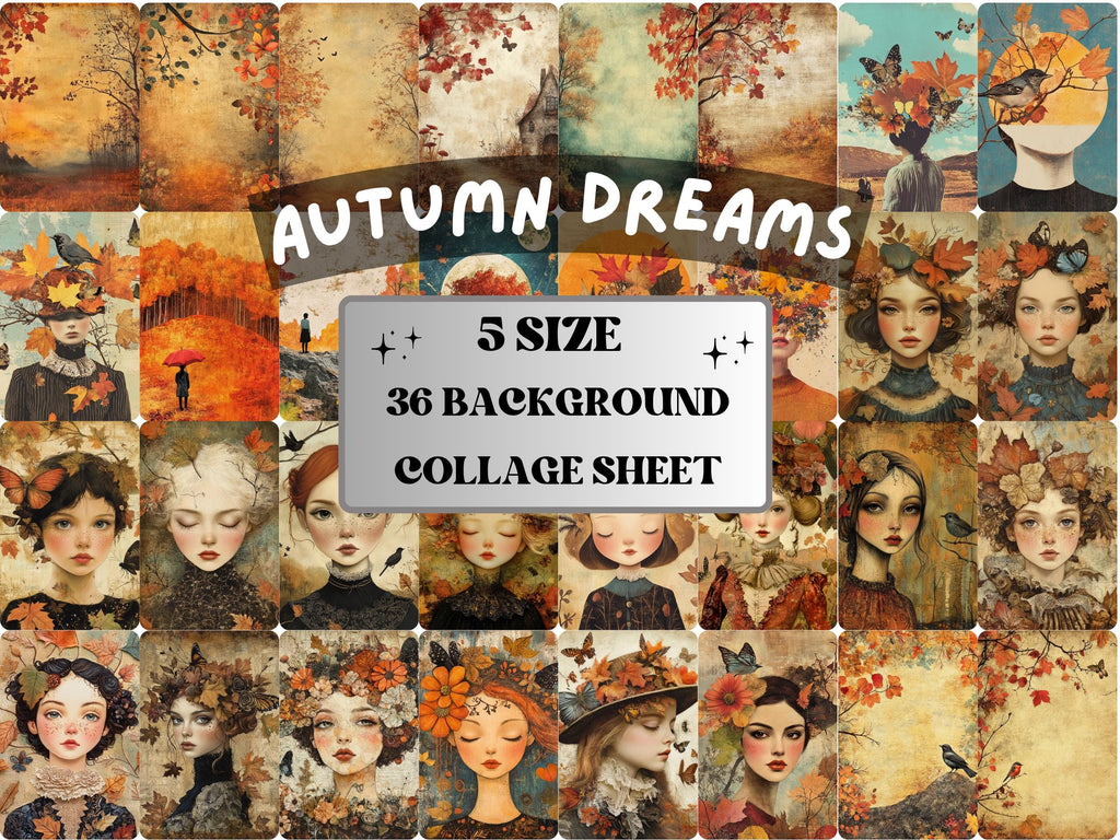 Autumn Dreams Collage Paper, Fairytale Fall Mixed Media Sheet, Whimsical Fall Ephemera Images, Quirky Junk Journal, Autumn Scrapbook Paper