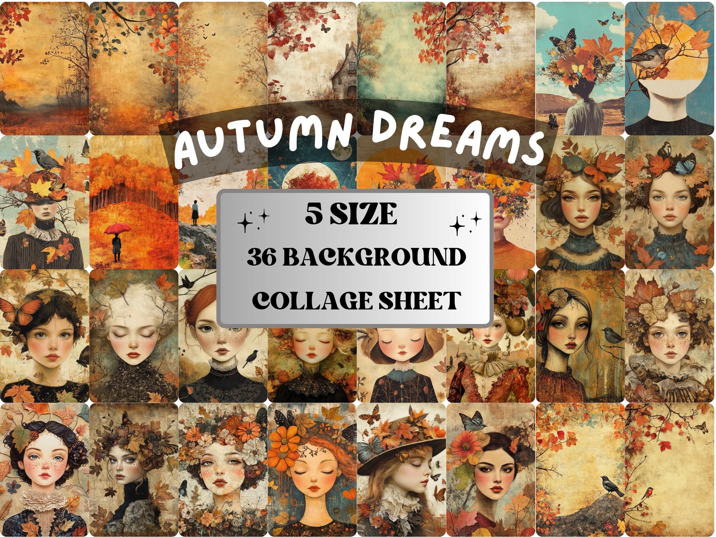 Autumn Dreams Collage Paper, Fairytale Fall Mixed Media Sheet, Whimsical Fall Ephemera Images, Quirky Junk Journal, Autumn Scrapbook Paper