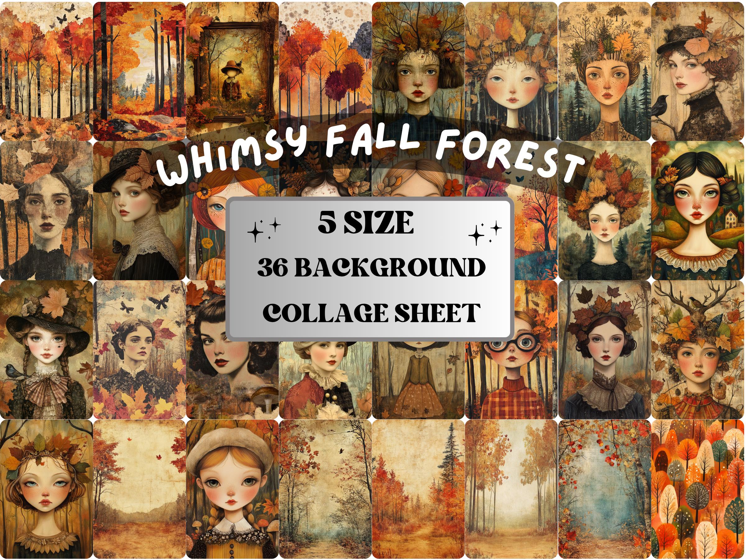 Whimsy Fall Forest Collage Paper, Autumn Woodland Mixed Media Sheet, Whimsical Ephemera Images, Quirky Junk Journal, Forest Scrapbook Paper