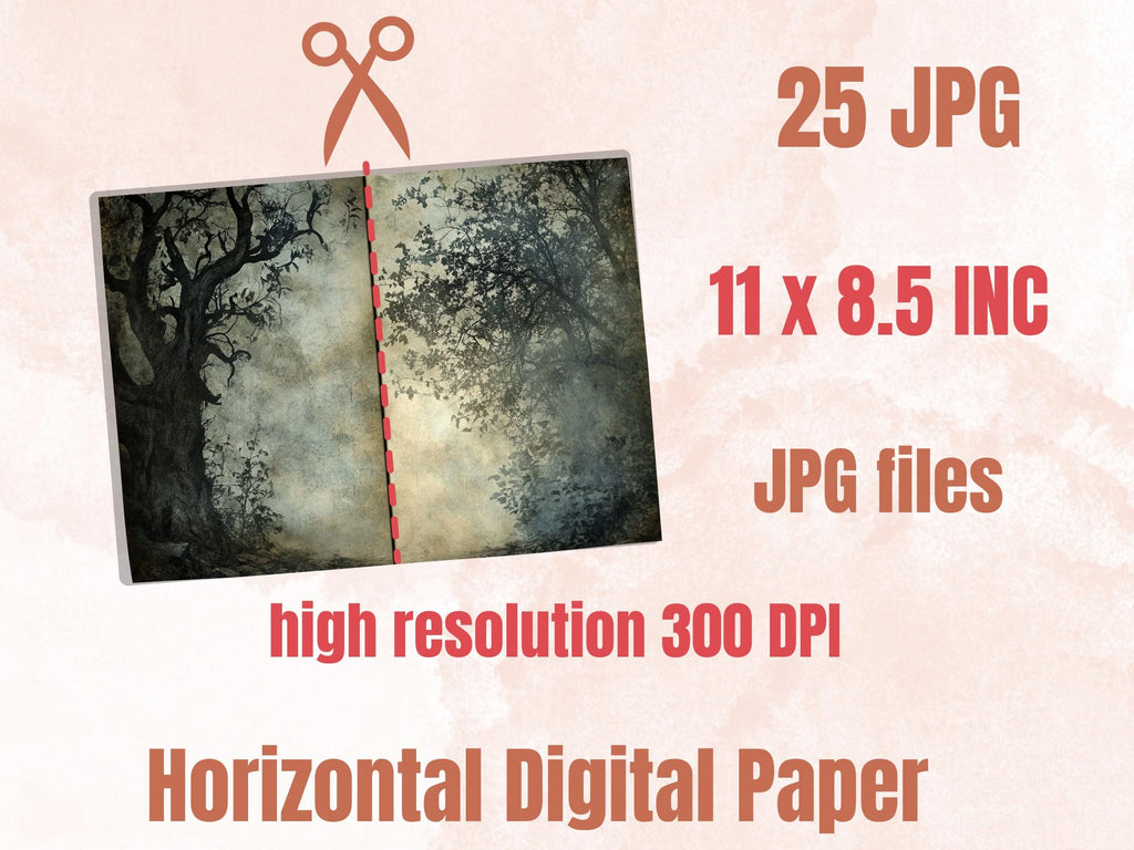Spooky Forest Double Pages Ephemera Kit, Creepy Mixed Media Paper, Gothic Woodland Collage Scrapbook Paper, Printable Horizontal Pages
