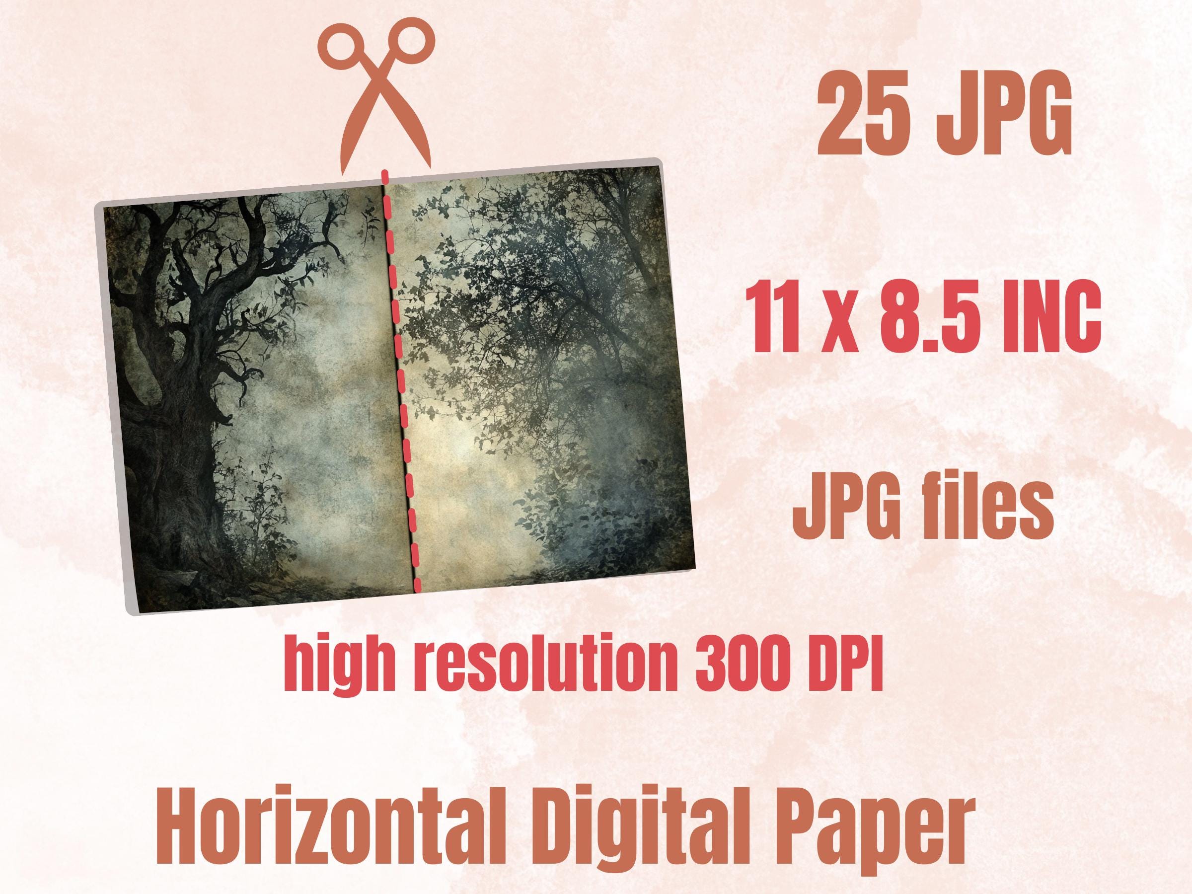 Spooky Forest Double Pages Ephemera Kit, Creepy Mixed Media Paper, Gothic Woodland Collage Scrapbook Paper, Printable Horizontal Pages