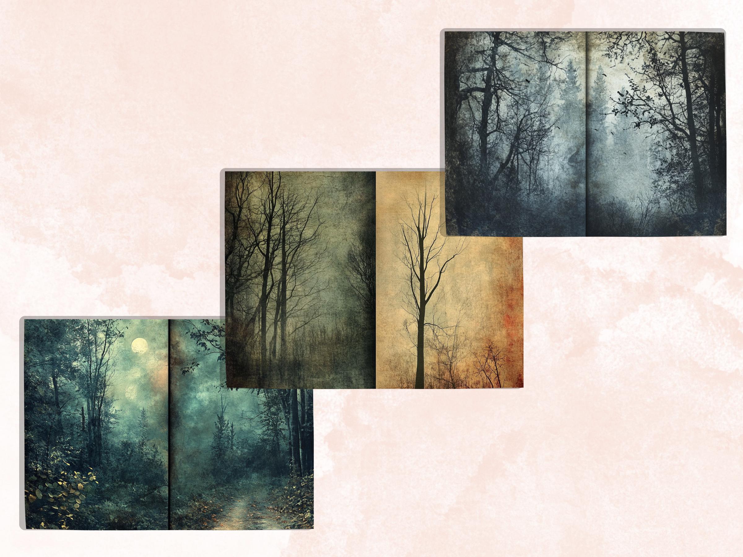 Spooky Forest Double Pages Ephemera Kit, Creepy Mixed Media Paper, Gothic Woodland Collage Scrapbook Paper, Printable Horizontal Pages