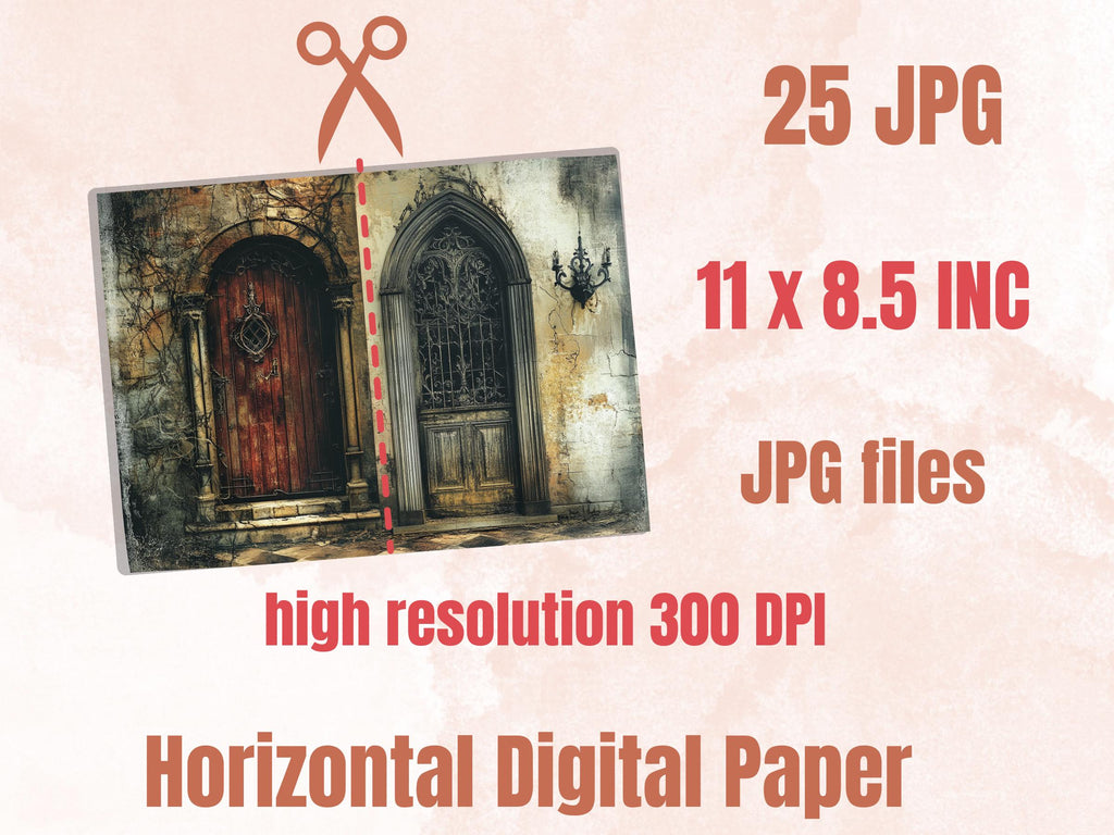 Creepy Doors Double Pages Ephemera Kit, Spooky Mixed Media Paper, Gothic Fantasy Door Collage Scrapbook Paper, Printable Horizontal Pages