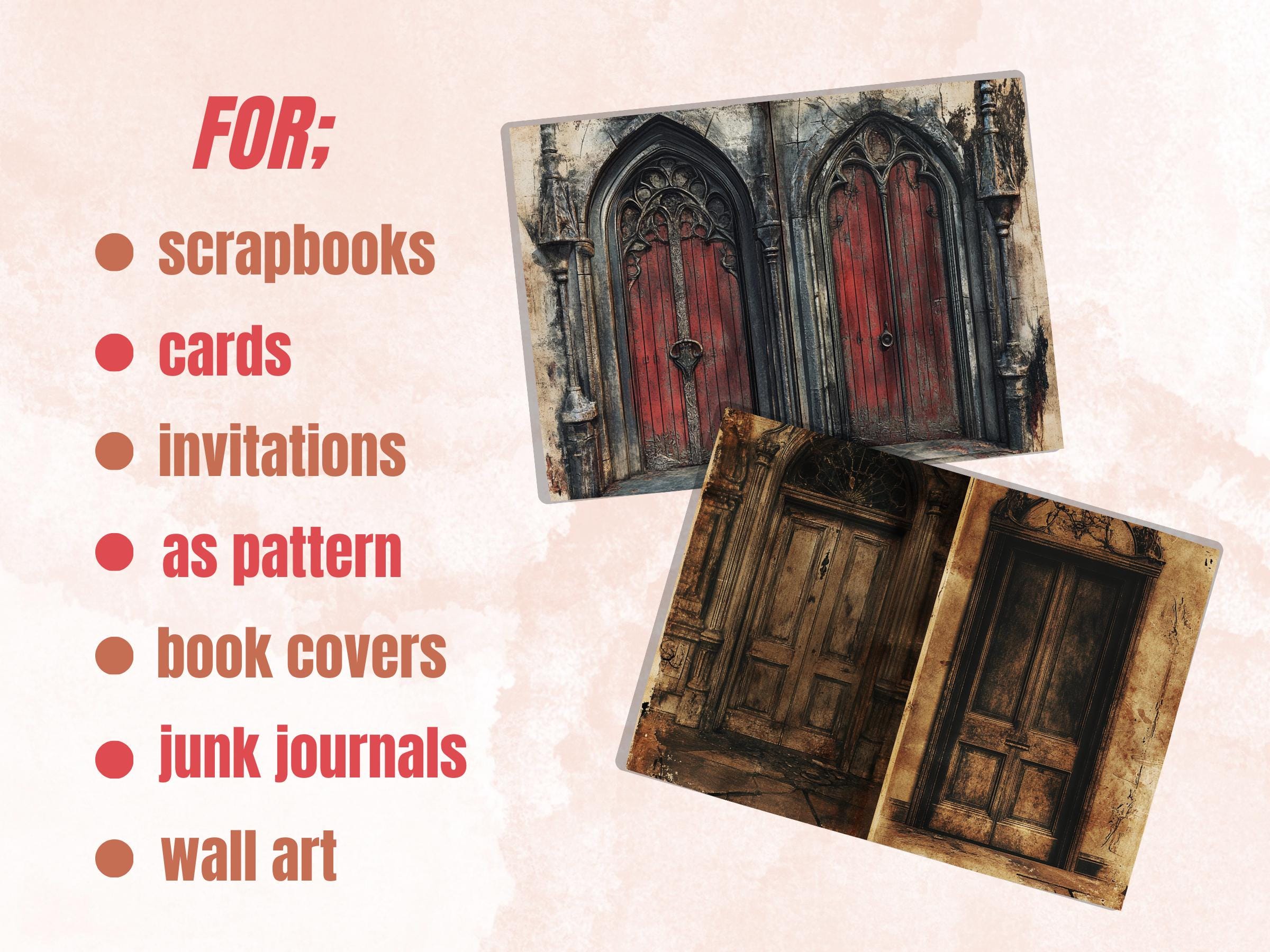 Creepy Doors Double Pages Ephemera Kit, Spooky Mixed Media Paper, Gothic Fantasy Door Collage Scrapbook Paper, Printable Horizontal Pages