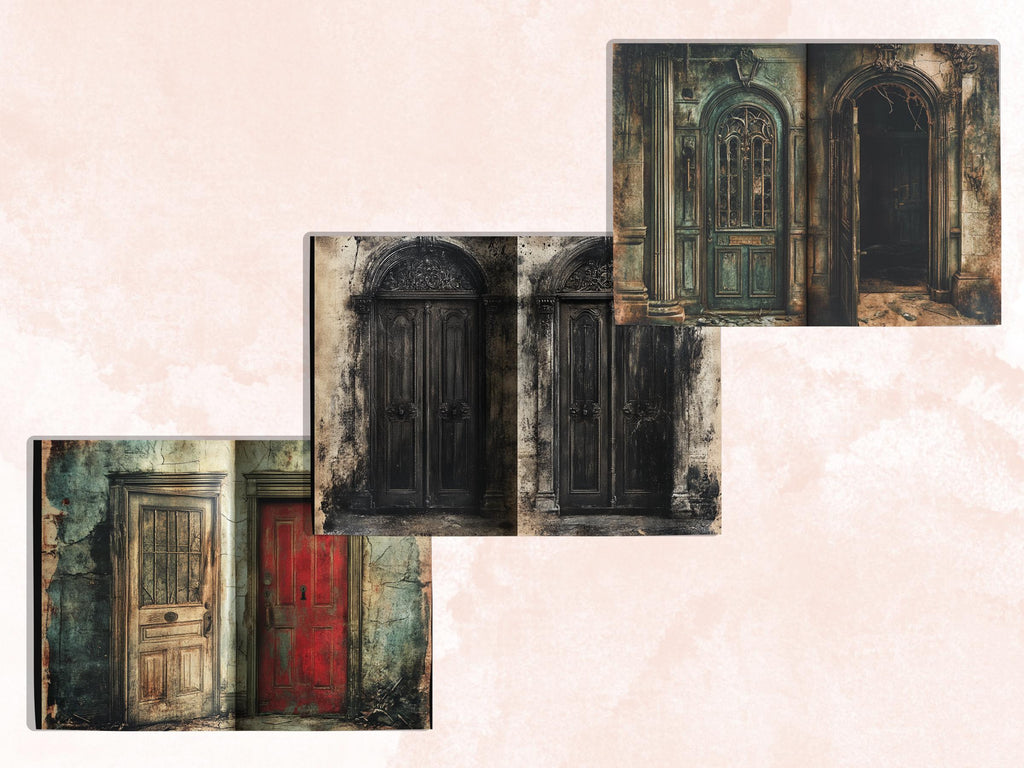 Creepy Doors Double Pages Ephemera Kit, Spooky Mixed Media Paper, Gothic Fantasy Door Collage Scrapbook Paper, Printable Horizontal Pages